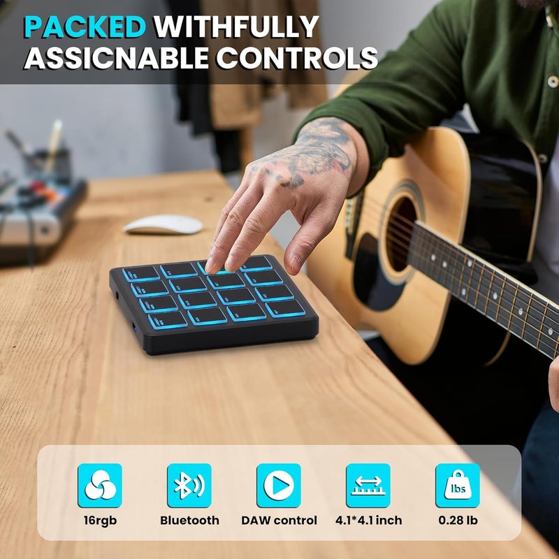 M-Wave M-VAVE Wireless MIDI Controller Pads, 4.1 * 4.1 Inch, 0.28 LBS, Bluetooth Portable USB with 16 Drum, Note Repeat, Full Level Buttons, Rechargeable battery (Black Pocket) - Image 4